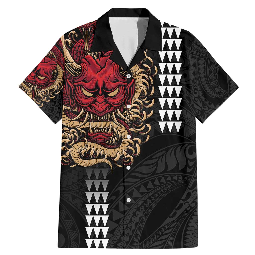 Hawaii and Japanese Oni Mask Personalised Family Matching Mermaid Dress and Hawaiian Shirt Kakau Pattern Dark Art Style LT9 Dad's Shirt - Short Sleeve Black - Polynesian Pride