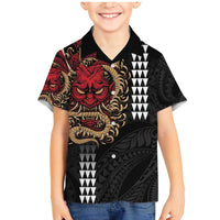 Hawaii and Japanese Oni Mask Personalised Family Matching Mermaid Dress and Hawaiian Shirt Kakau Pattern Dark Art Style LT9 Son's Shirt Black - Polynesian Pride
