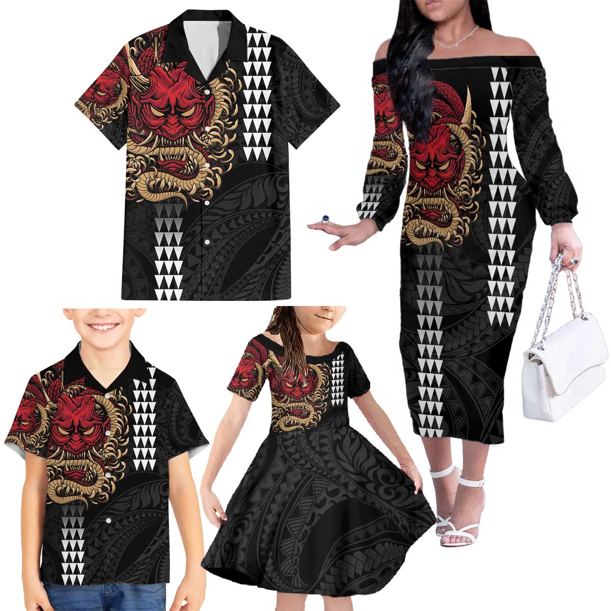 Hawaii and Japanese Oni Mask Personalised Family Matching Off The Shoulder Long Sleeve Dress and Hawaiian Shirt Kakau Pattern Dark Art Style LT9 - Polynesian Pride