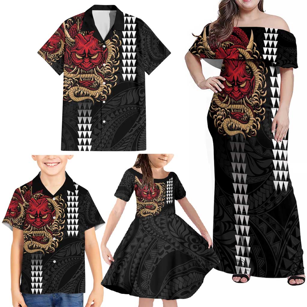 Hawaii and Japanese Oni Mask Personalised Family Matching Off Shoulder Maxi Dress and Hawaiian Shirt Kakau Pattern Dark Art Style LT9 - Polynesian Pride