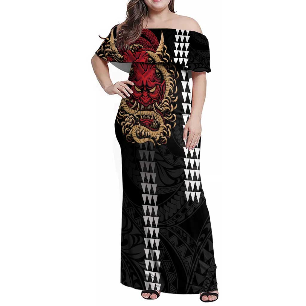 Hawaii and Japanese Oni Mask Personalised Family Matching Off Shoulder Maxi Dress and Hawaiian Shirt Kakau Pattern Dark Art Style LT9 Mom's Dress Black - Polynesian Pride