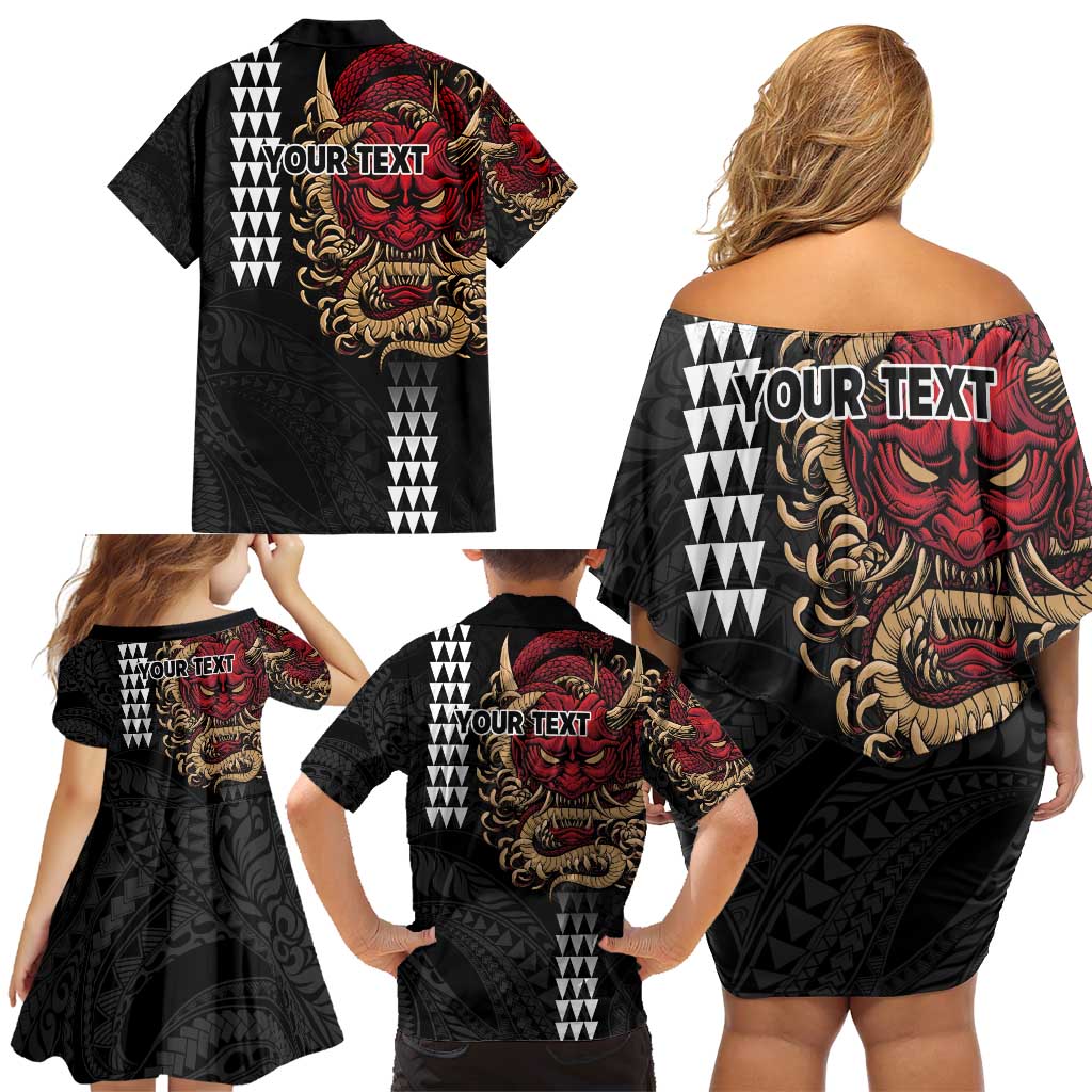 Hawaii and Japanese Oni Mask Personalised Family Matching Off Shoulder Short Dress and Hawaiian Shirt Kakau Pattern Dark Art Style LT9 - Polynesian Pride