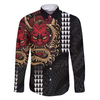 Hawaii and Japanese Oni Mask Personalised Family Matching Off Shoulder Short Dress and Hawaiian Shirt Kakau Pattern Dark Art Style LT9 Dad's Shirt - Long Sleeve Black - Polynesian Pride