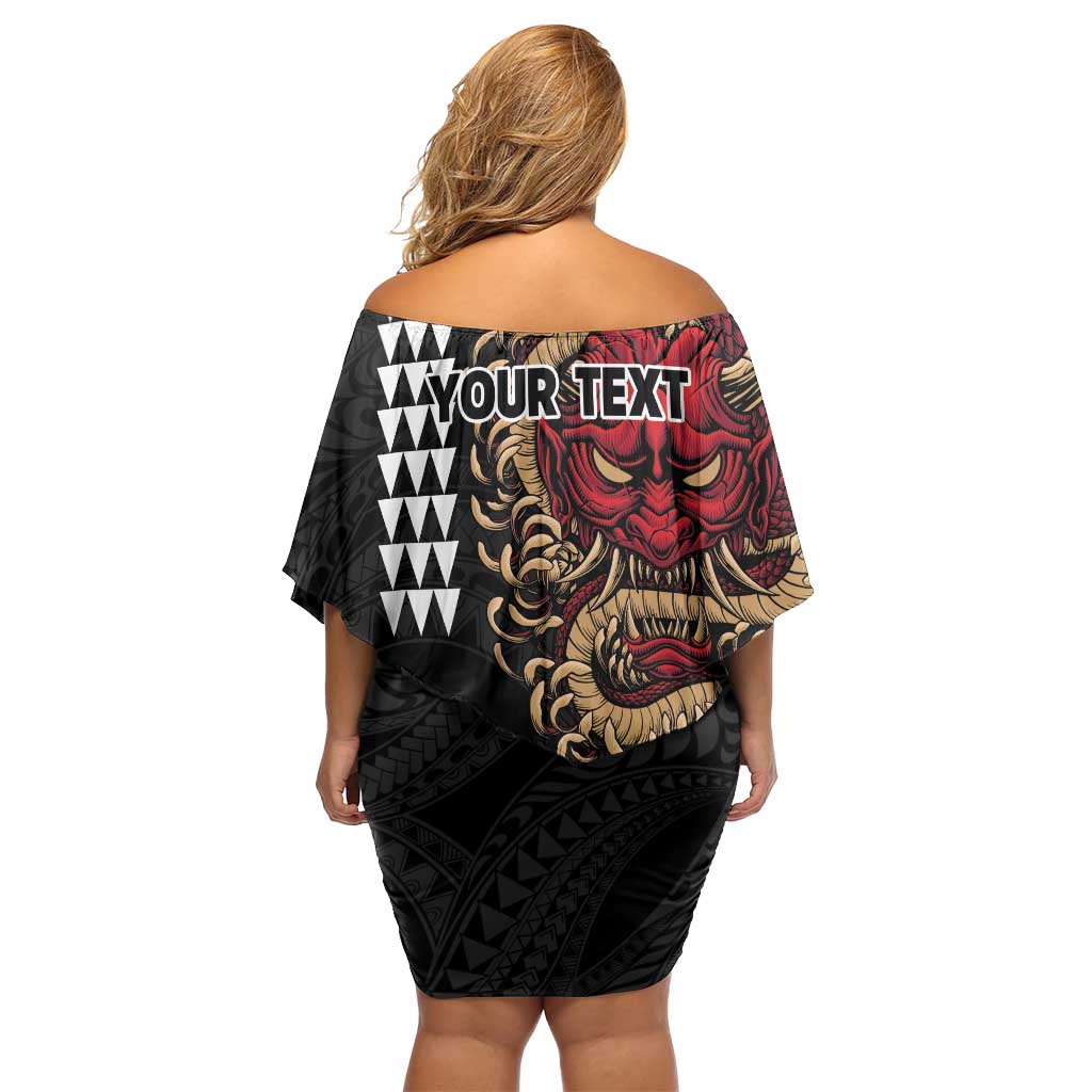 Hawaii and Japanese Oni Mask Personalised Family Matching Off Shoulder Short Dress and Hawaiian Shirt Kakau Pattern Dark Art Style LT9 - Polynesian Pride