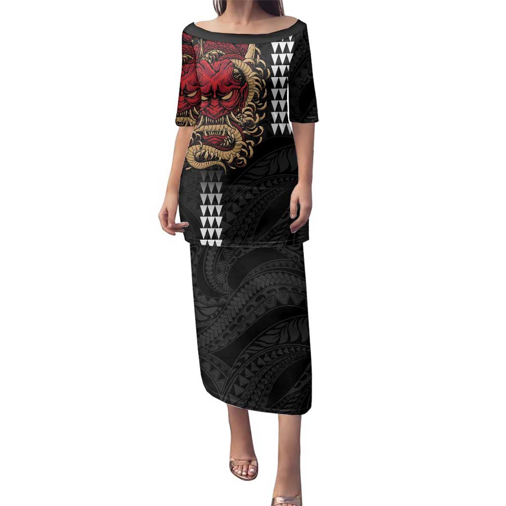 Hawaii and Japanese Oni Mask Personalised Family Matching Puletasi and Hawaiian Shirt Kakau Pattern Dark Art Style