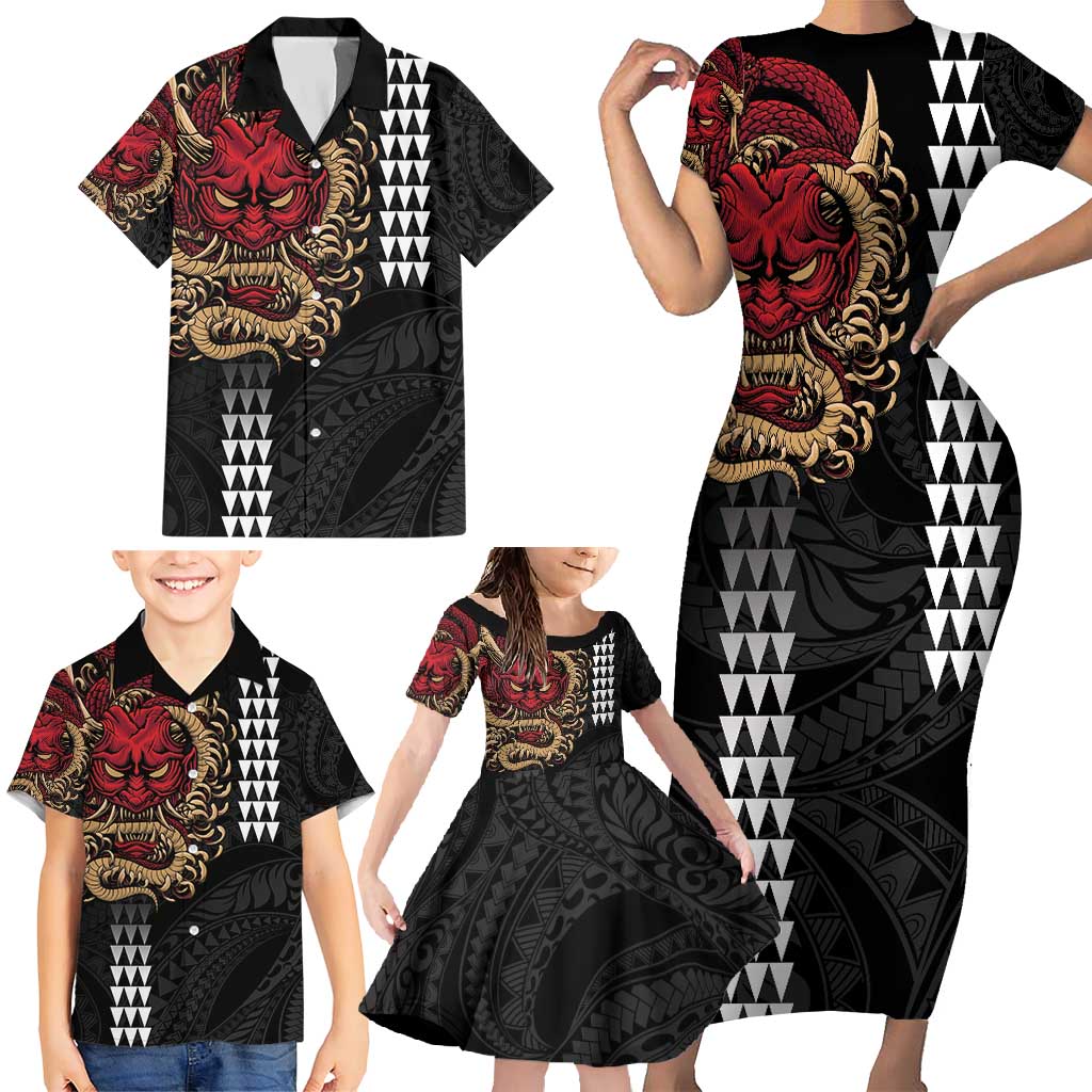Hawaii and Japanese Oni Mask Personalised Family Matching Short Sleeve Bodycon Dress and Hawaiian Shirt Kakau Pattern Dark Art Style LT9 - Polynesian Pride
