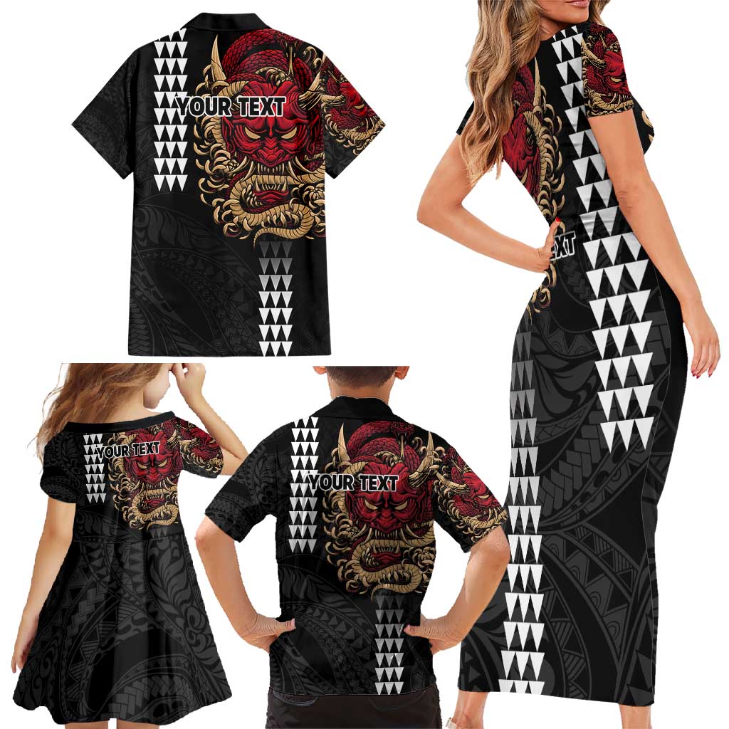 Hawaii and Japanese Oni Mask Personalised Family Matching Short Sleeve Bodycon Dress and Hawaiian Shirt Kakau Pattern Dark Art Style LT9 - Polynesian Pride