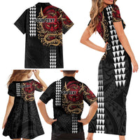 Hawaii and Japanese Oni Mask Personalised Family Matching Short Sleeve Bodycon Dress and Hawaiian Shirt Kakau Pattern Dark Art Style LT9 - Polynesian Pride