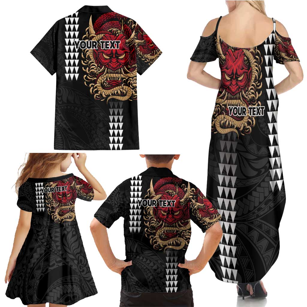 Hawaii and Japanese Oni Mask Personalised Family Matching Summer Maxi Dress and Hawaiian Shirt Kakau Pattern Dark Art Style LT9 - Polynesian Pride