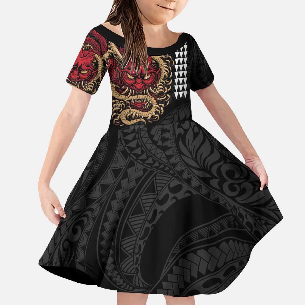 Hawaii and Japanese Oni Mask Personalised Family Matching Tank Maxi Dress and Hawaiian Shirt Kakau Pattern Dark Art Style LT9 Daughter's Dress Black - Polynesian Pride