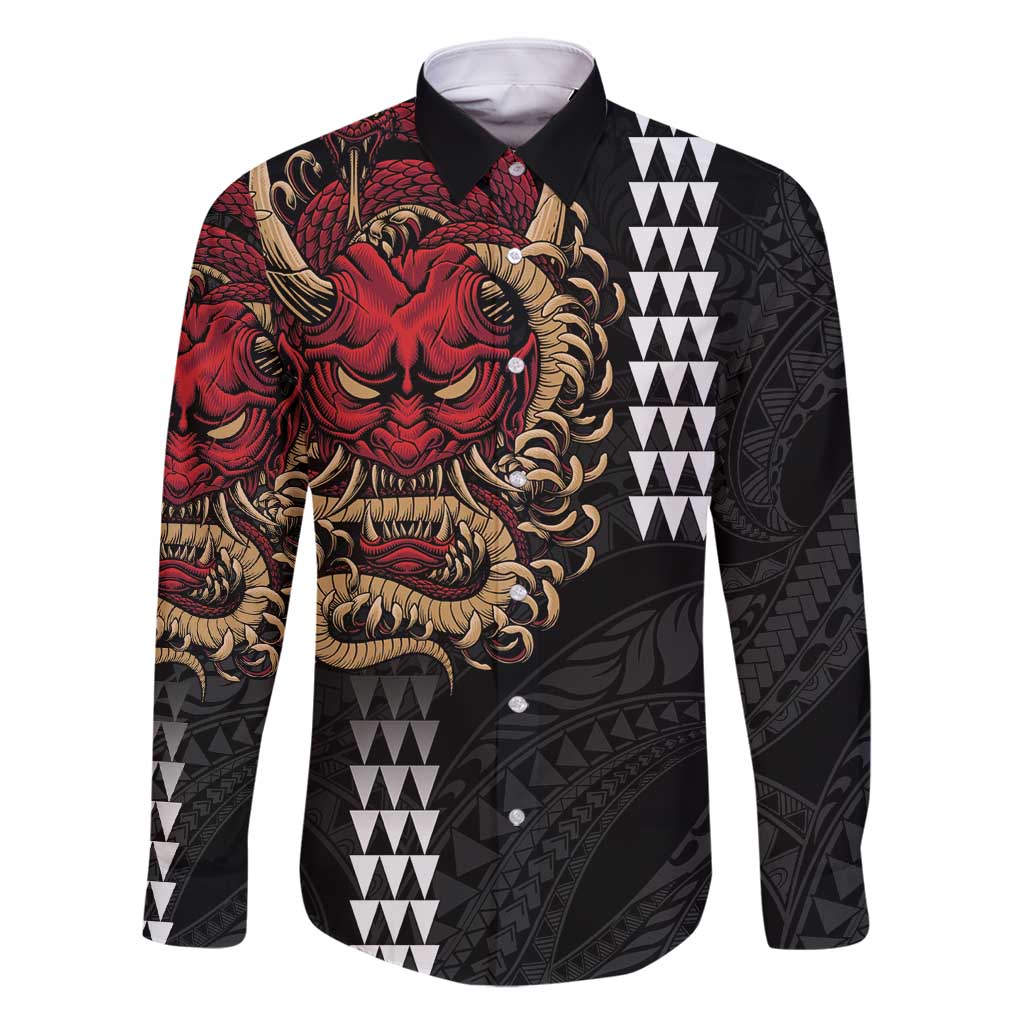 Hawaii and Japanese Oni Mask Personalised Family Matching Tank Maxi Dress and Hawaiian Shirt Kakau Pattern Dark Art Style LT9 Dad's Shirt - Long Sleeve Black - Polynesian Pride