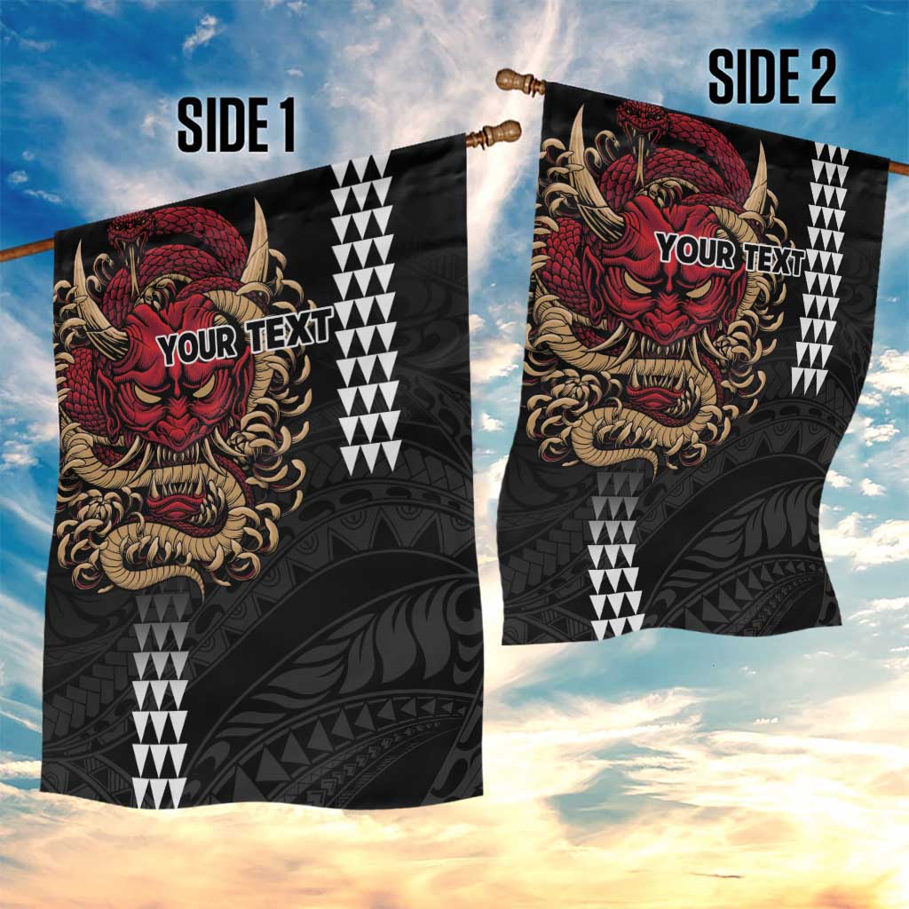 Hawaii and Japanese Oni Mask Personalised Garden Flag Kakau Pattern Dark Art Style