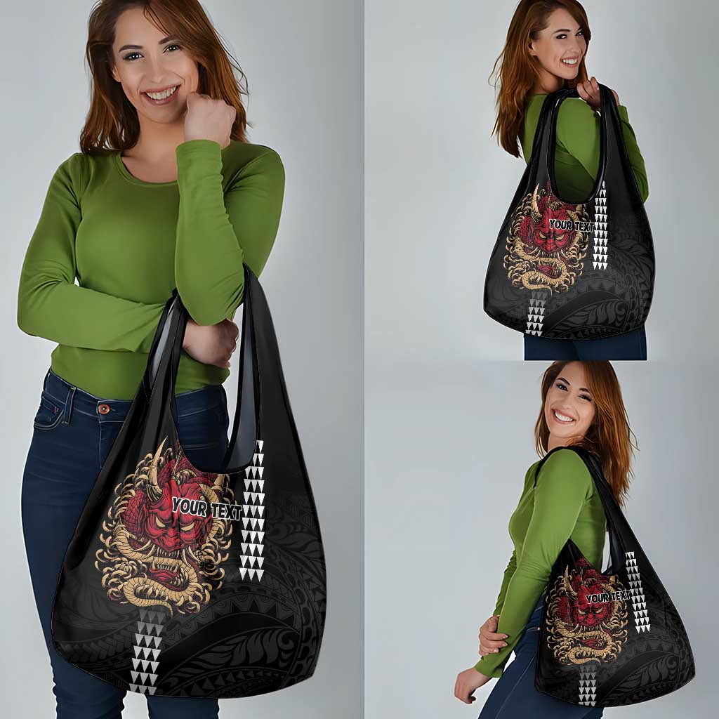 Hawaii and Japanese Oni Mask Personalised Grocery Bag Kakau Pattern Dark Art Style