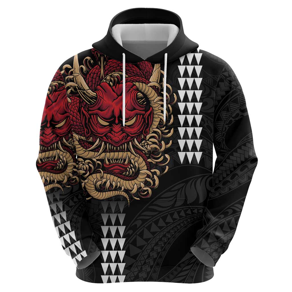 Hawaii and Japanese Oni Mask Personalised Hoodie Kakau Pattern Dark Art Style