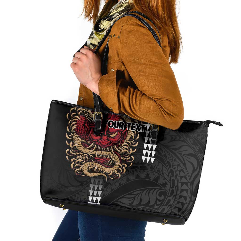 Hawaii and Japanese Oni Mask Personalised Leather Tote Bag Kakau Pattern Dark Art Style