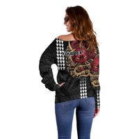 Hawaii and Japanese Oni Mask Personalised Off Shoulder Sweater Kakau Pattern Dark Art Style