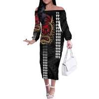 Hawaii and Japanese Oni Mask Personalised Off The Shoulder Long Sleeve Dress Kakau Pattern Dark Art Style