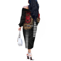 Hawaii and Japanese Oni Mask Personalised Off The Shoulder Long Sleeve Dress Kakau Pattern Dark Art Style