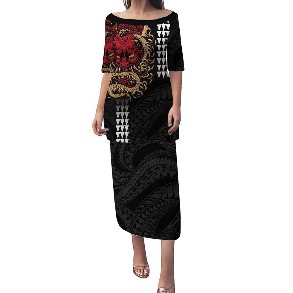 Hawaii and Japanese Oni Mask Personalised Puletasi Kakau Pattern Dark Art Style