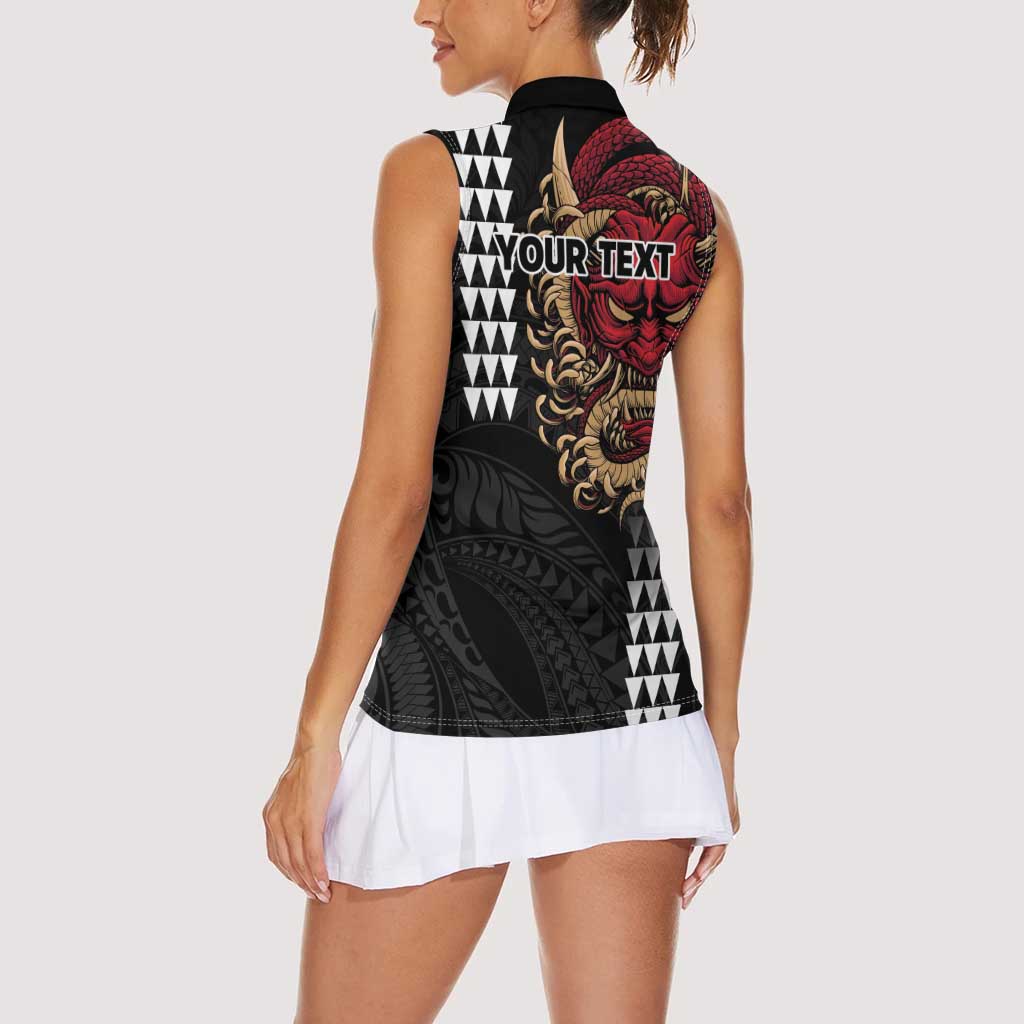 Hawaii and Japanese Oni Mask Personalised Women Sleeveless Polo Shirt Kakau Pattern Dark Art Style