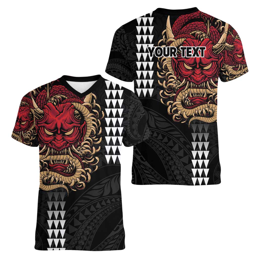 Hawaii and Japanese Oni Mask Personalised Women V-Neck T-Shirt Kakau Pattern Dark Art Style