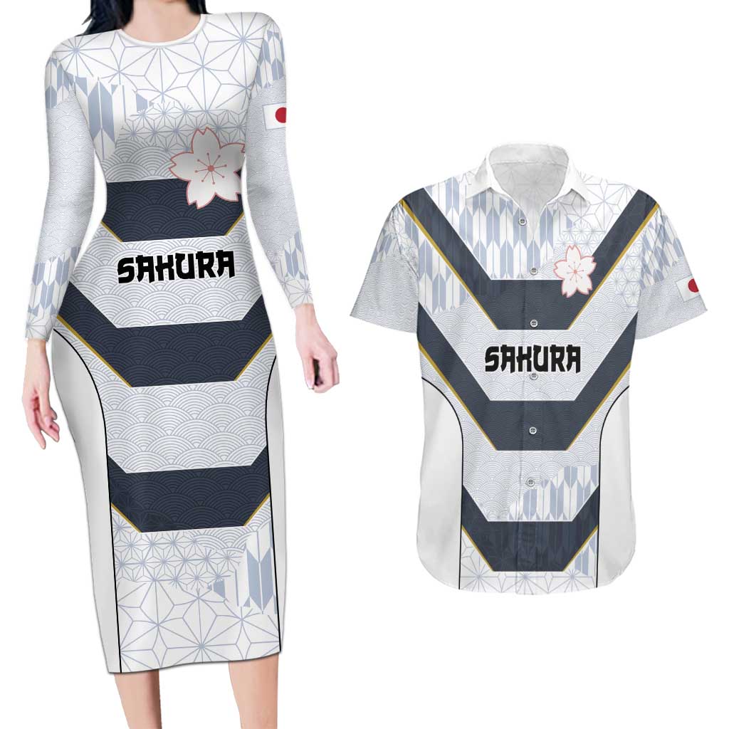 Japan Pacific Rugby 2022-23 Custom Couples Matching Long Sleeve Bodycon Dress and Hawaiian Shirt Black Sakura Japanese Wave Pattern