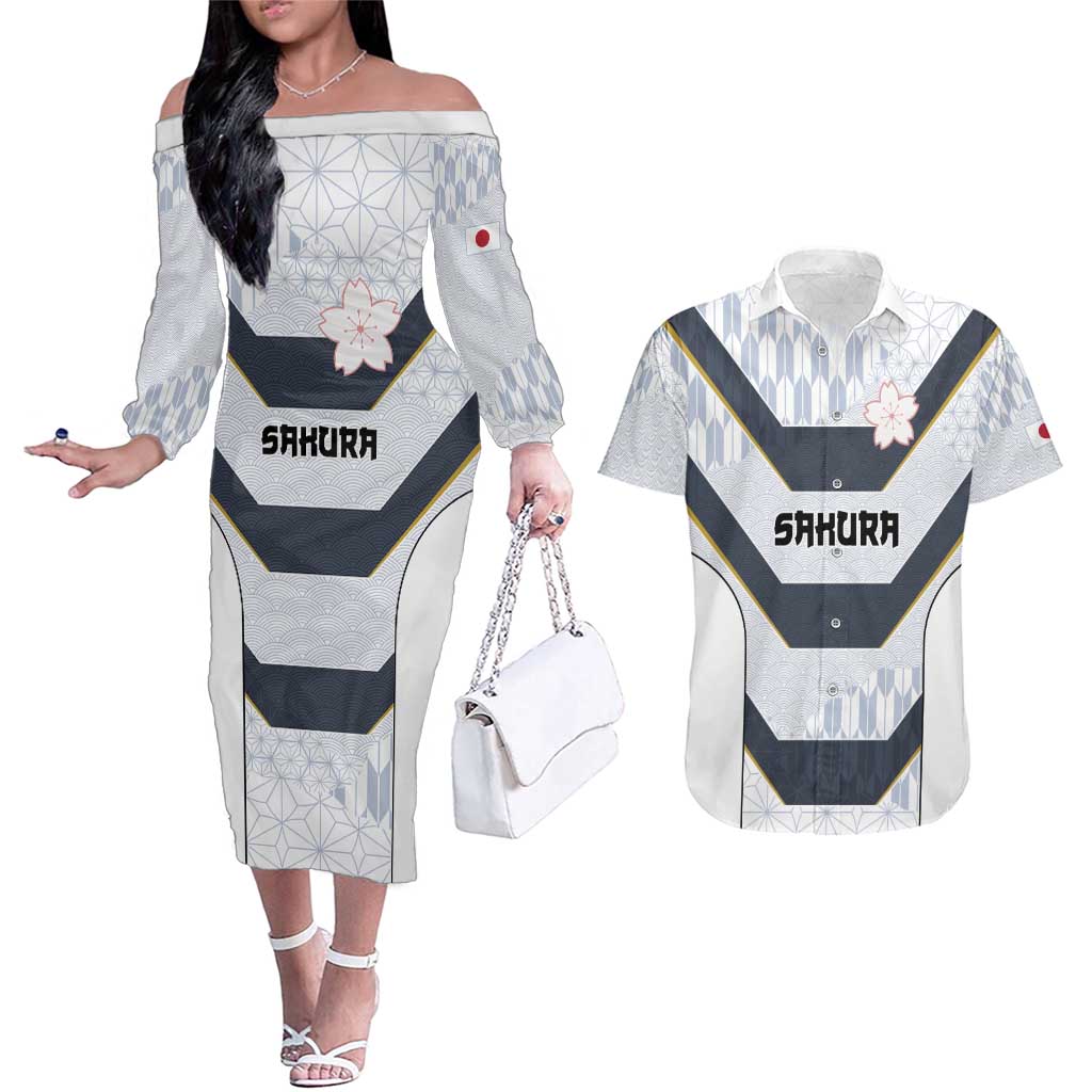 Japan Pacific Rugby 2022-23 Custom Couples Matching Off The Shoulder Long Sleeve Dress and Hawaiian Shirt Black Sakura Japanese Wave Pattern