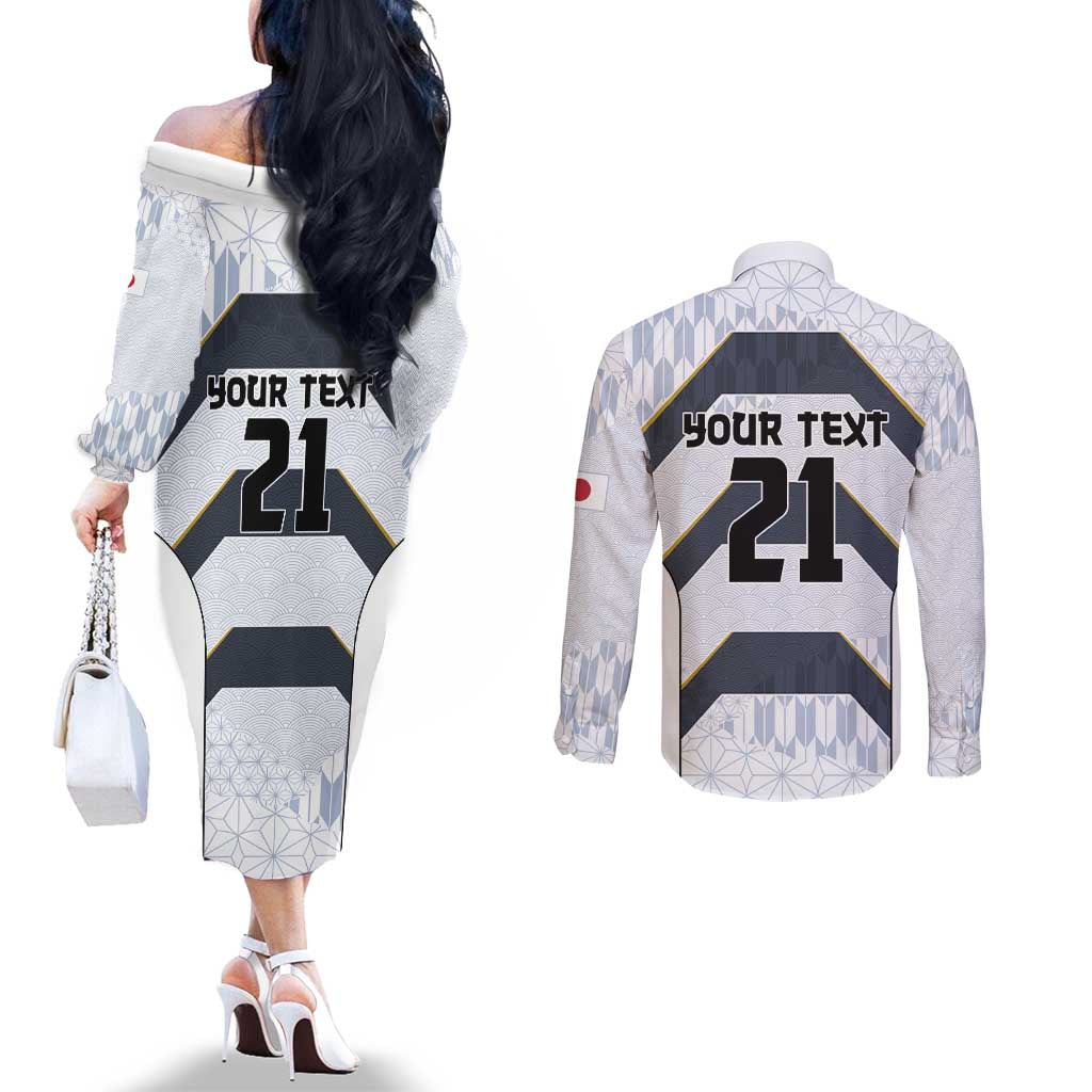 Japan Pacific Rugby 2022-23 Custom Couples Matching Off The Shoulder Long Sleeve Dress and Long Sleeve Button Shirt Black Sakura Japanese Wave Pattern