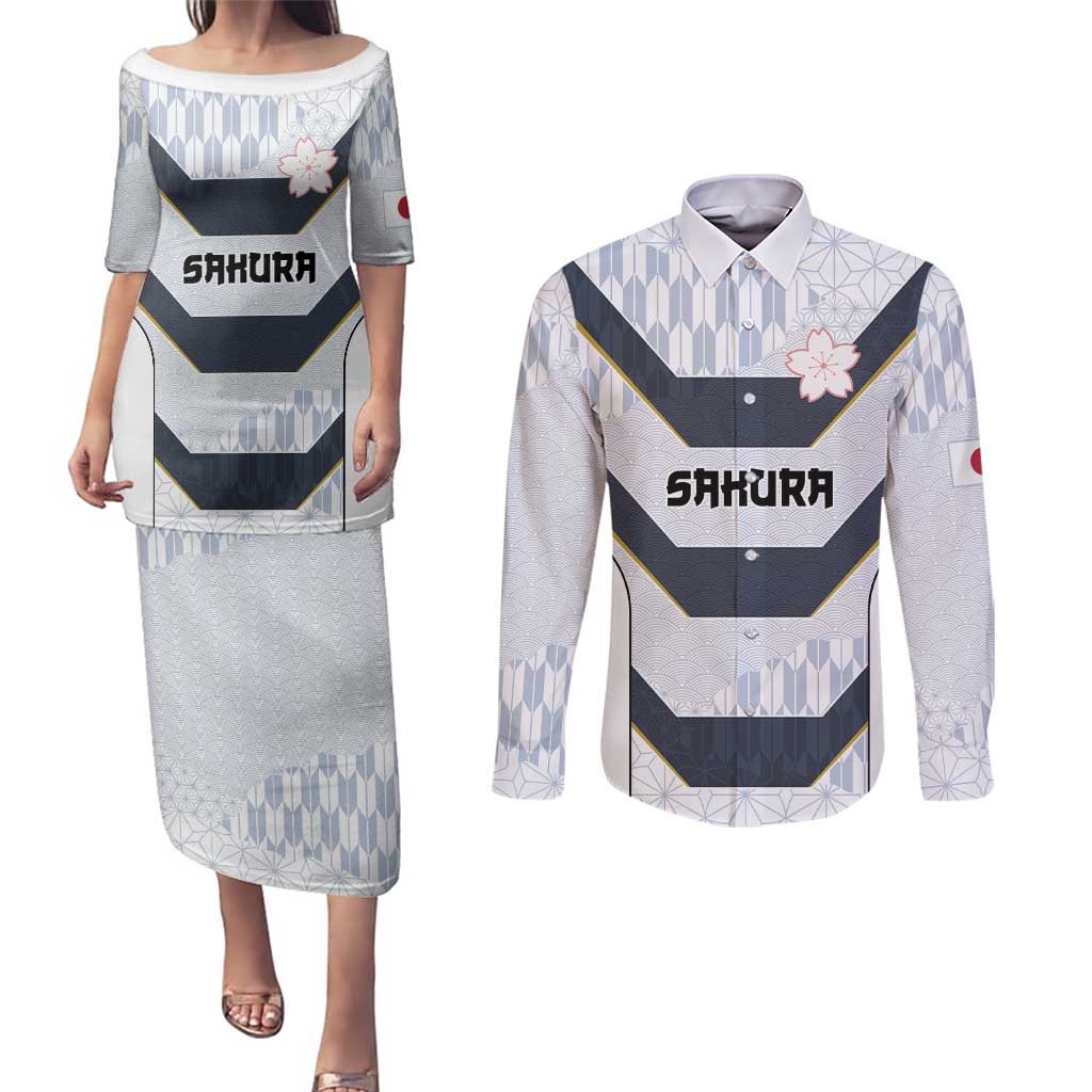 Japan Pacific Rugby 2022-23 Custom Couples Matching Puletasi and Long Sleeve Button Shirt Black Sakura Japanese Wave Pattern