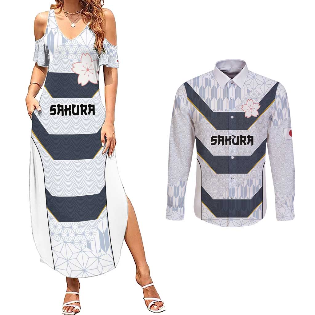 Japan Pacific Rugby 2022-23 Custom Couples Matching Summer Maxi Dress and Long Sleeve Button Shirt Black Sakura Japanese Wave Pattern