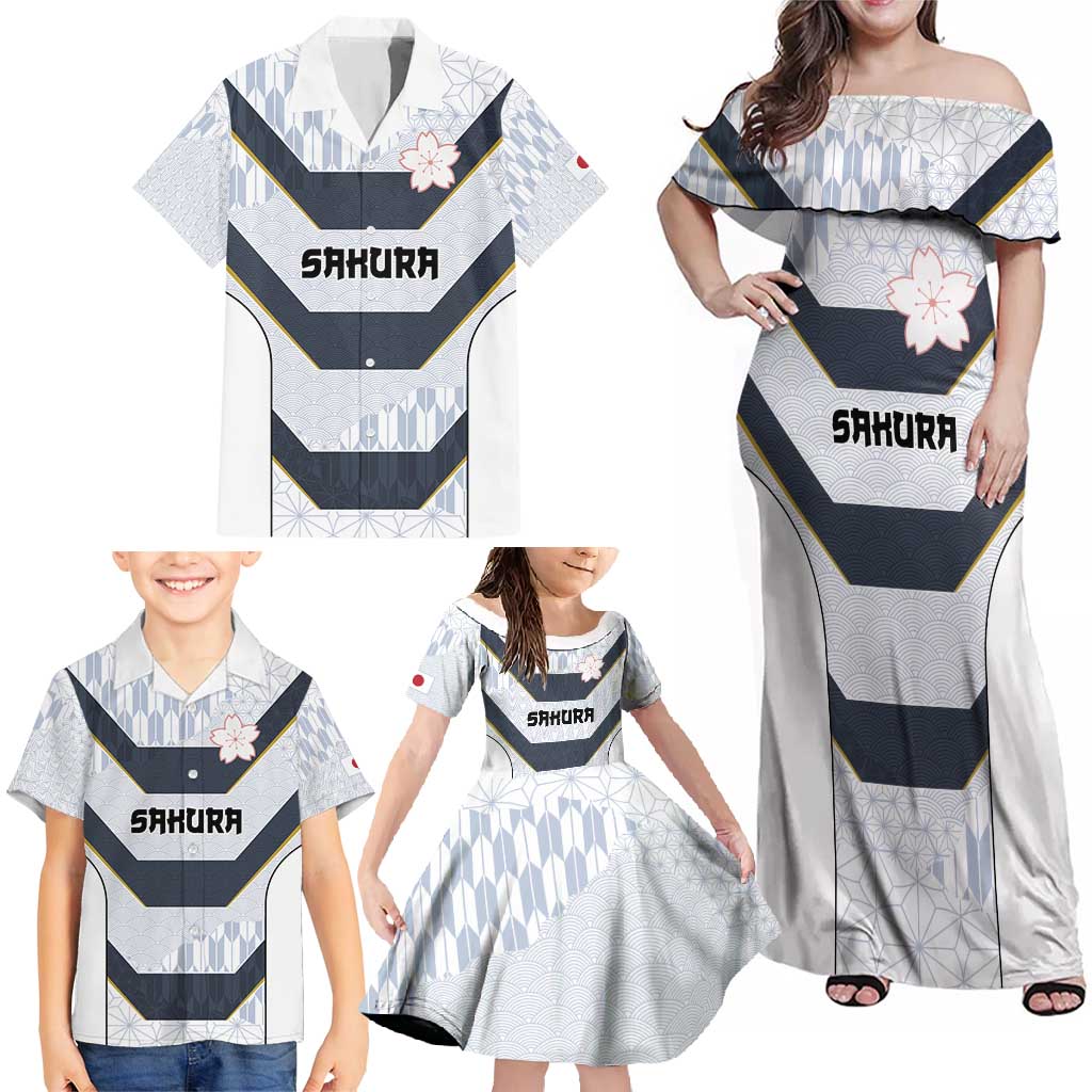 Japan Pacific Rugby 2022-23 Custom Family Matching Off Shoulder Maxi Dress and Hawaiian Shirt Black Sakura Japanese Wave Pattern