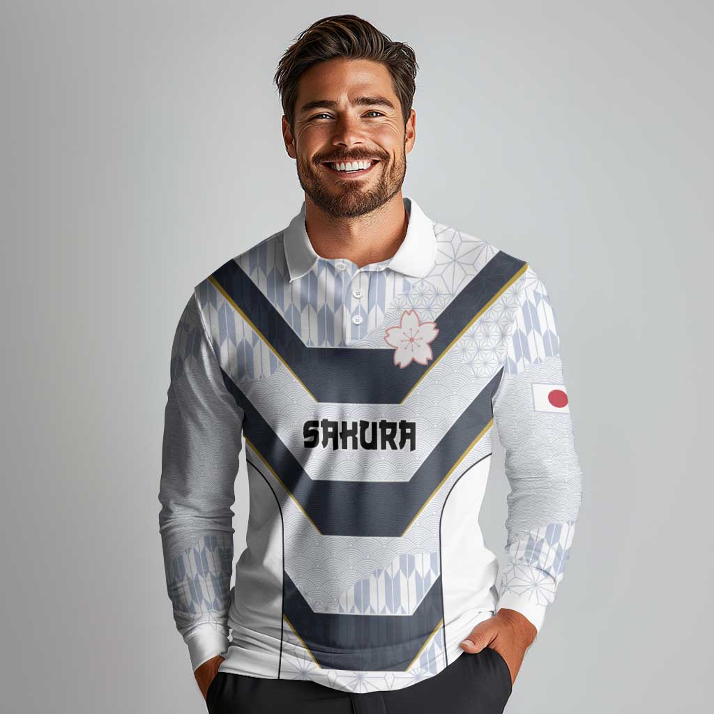 Japan Pacific Rugby 2022-23 Custom Long Sleeve Polo Shirt Black Sakura Japanese Wave Pattern