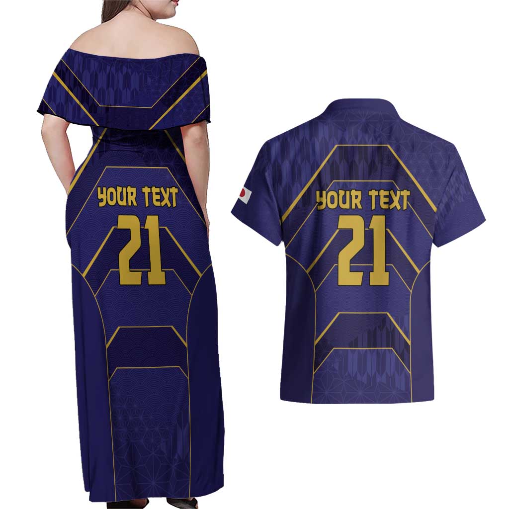 Japan Pacific Rugby 2022-23 Custom Couples Matching Off Shoulder Maxi Dress and Hawaiian Shirt Blue Sakura Japanese Wave Pattern