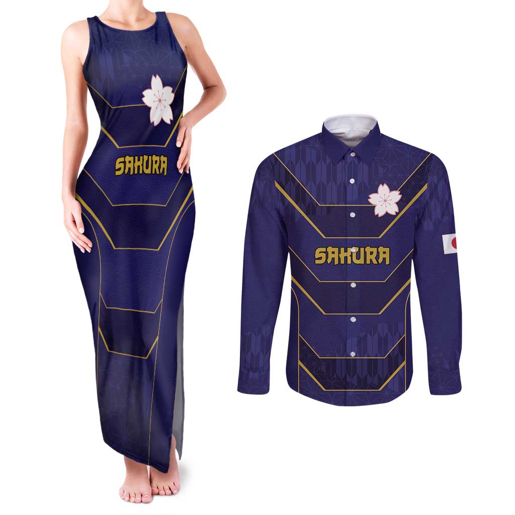 Japan Pacific Rugby 2022-23 Custom Couples Matching Tank Maxi Dress and Long Sleeve Button Shirt Blue Sakura Japanese Wave Pattern