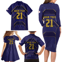 Japan Pacific Rugby 2022-23 Custom Family Matching Long Sleeve Bodycon Dress and Hawaiian Shirt Blue Sakura Japanese Wave Pattern