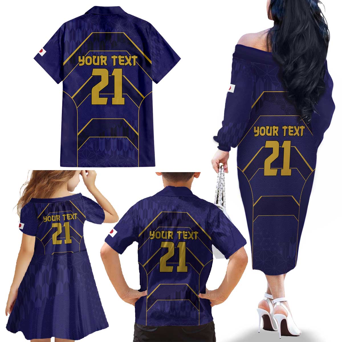 Japan Pacific Rugby 2022-23 Custom Family Matching Off The Shoulder Long Sleeve Dress and Hawaiian Shirt Blue Sakura Japanese Wave Pattern