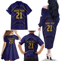 Japan Pacific Rugby 2022-23 Custom Family Matching Off The Shoulder Long Sleeve Dress and Hawaiian Shirt Blue Sakura Japanese Wave Pattern