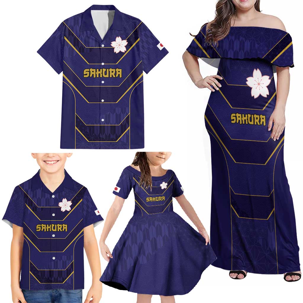 Japan Pacific Rugby 2022-23 Custom Family Matching Off Shoulder Maxi Dress and Hawaiian Shirt Blue Sakura Japanese Wave Pattern