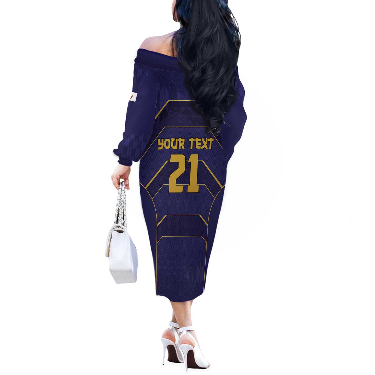 Japan Pacific Rugby 2022-23 Custom Off The Shoulder Long Sleeve Dress Blue Sakura Japanese Wave Pattern