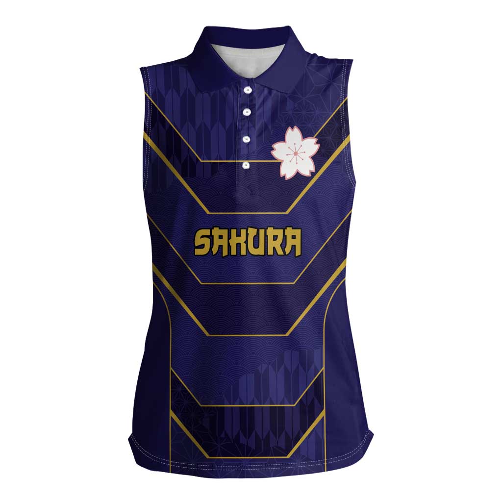 Japan Pacific Rugby 2022-23 Custom Women Sleeveless Polo Shirt Blue Sakura Japanese Wave Pattern