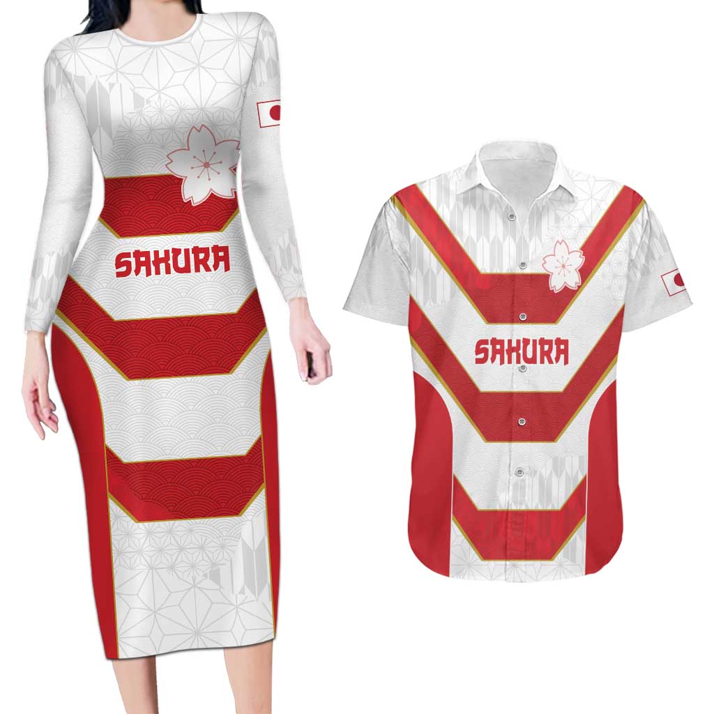 Japan Pacific Rugby 2022-23 Custom Couples Matching Long Sleeve Bodycon Dress and Hawaiian Shirt Red Sakura Japanese Wave Pattern