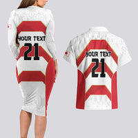 Japan Pacific Rugby 2022-23 Custom Couples Matching Long Sleeve Bodycon Dress and Hawaiian Shirt Red Sakura Japanese Wave Pattern