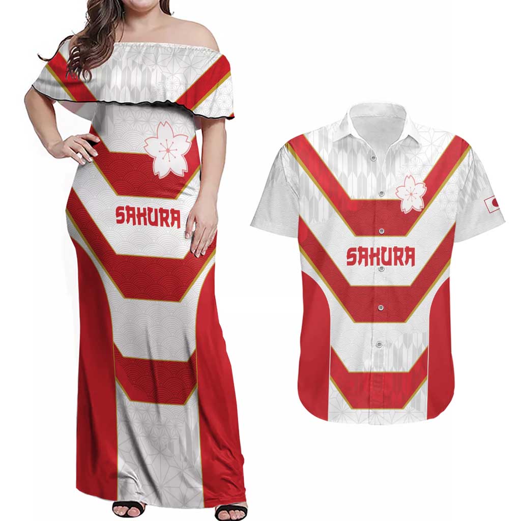 Japan Pacific Rugby 2022-23 Custom Couples Matching Off Shoulder Maxi Dress and Hawaiian Shirt Red Sakura Japanese Wave Pattern