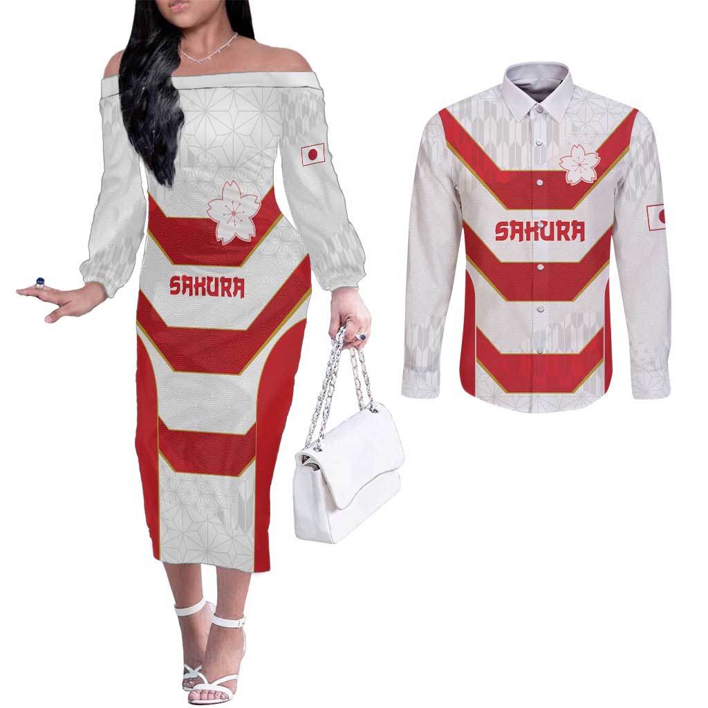 Japan Pacific Rugby 2022-23 Custom Couples Matching Off The Shoulder Long Sleeve Dress and Long Sleeve Button Shirt Red Sakura Japanese Wave Pattern