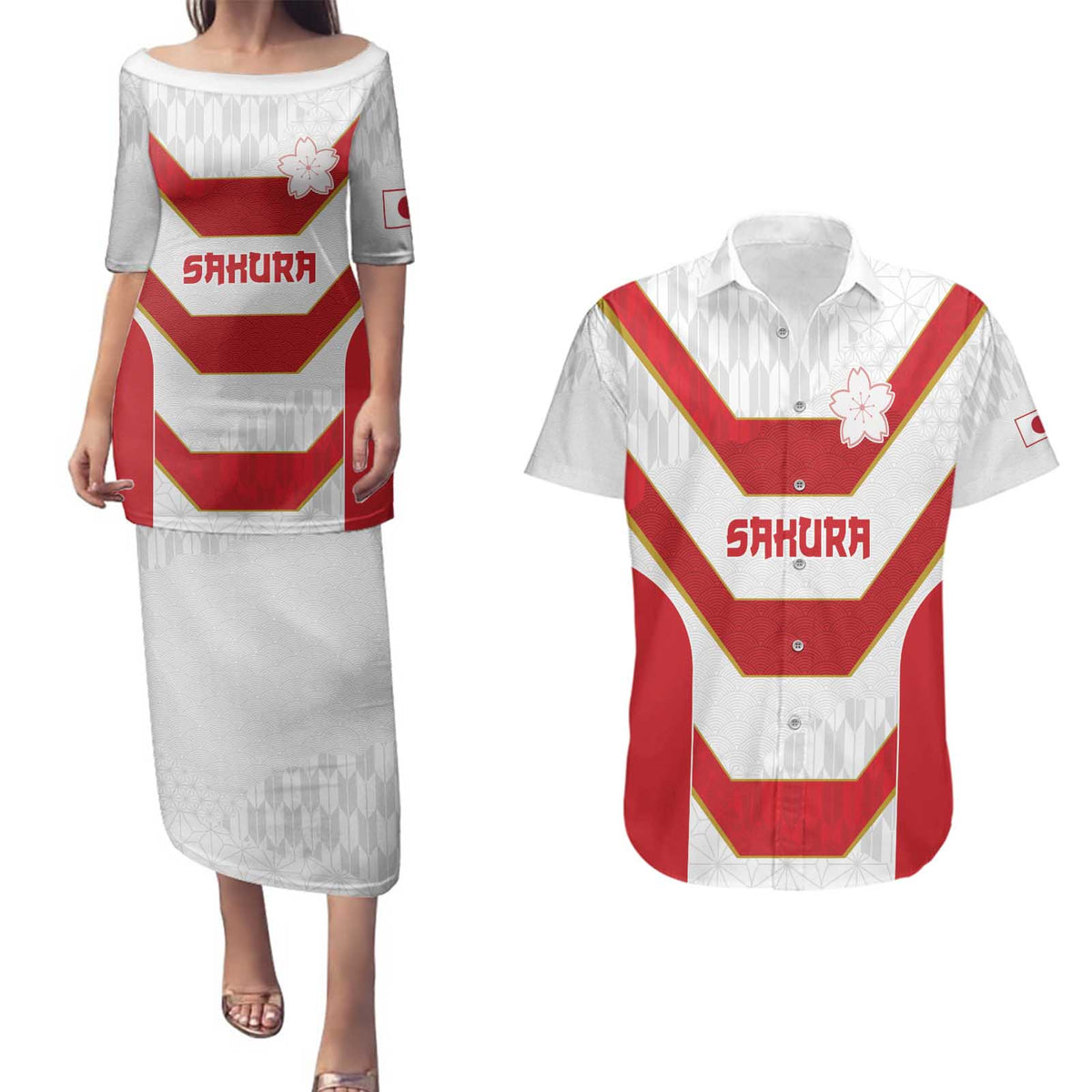 Japan Pacific Rugby 2022-23 Custom Couples Matching Puletasi and Hawaiian Shirt Red Sakura Japanese Wave Pattern