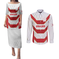 Japan Pacific Rugby 2022-23 Custom Couples Matching Puletasi and Long Sleeve Button Shirt Red Sakura Japanese Wave Pattern