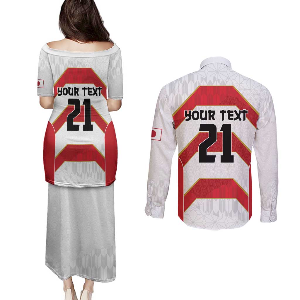 Japan Pacific Rugby 2022-23 Custom Couples Matching Puletasi and Long Sleeve Button Shirt Red Sakura Japanese Wave Pattern