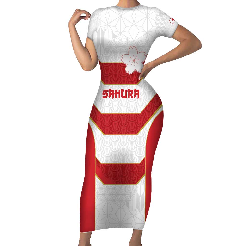 Japan Pacific Rugby 2022-23 Custom Family Matching Short Sleeve Bodycon Dress and Hawaiian Shirt Red Sakura Japanese Wave Pattern