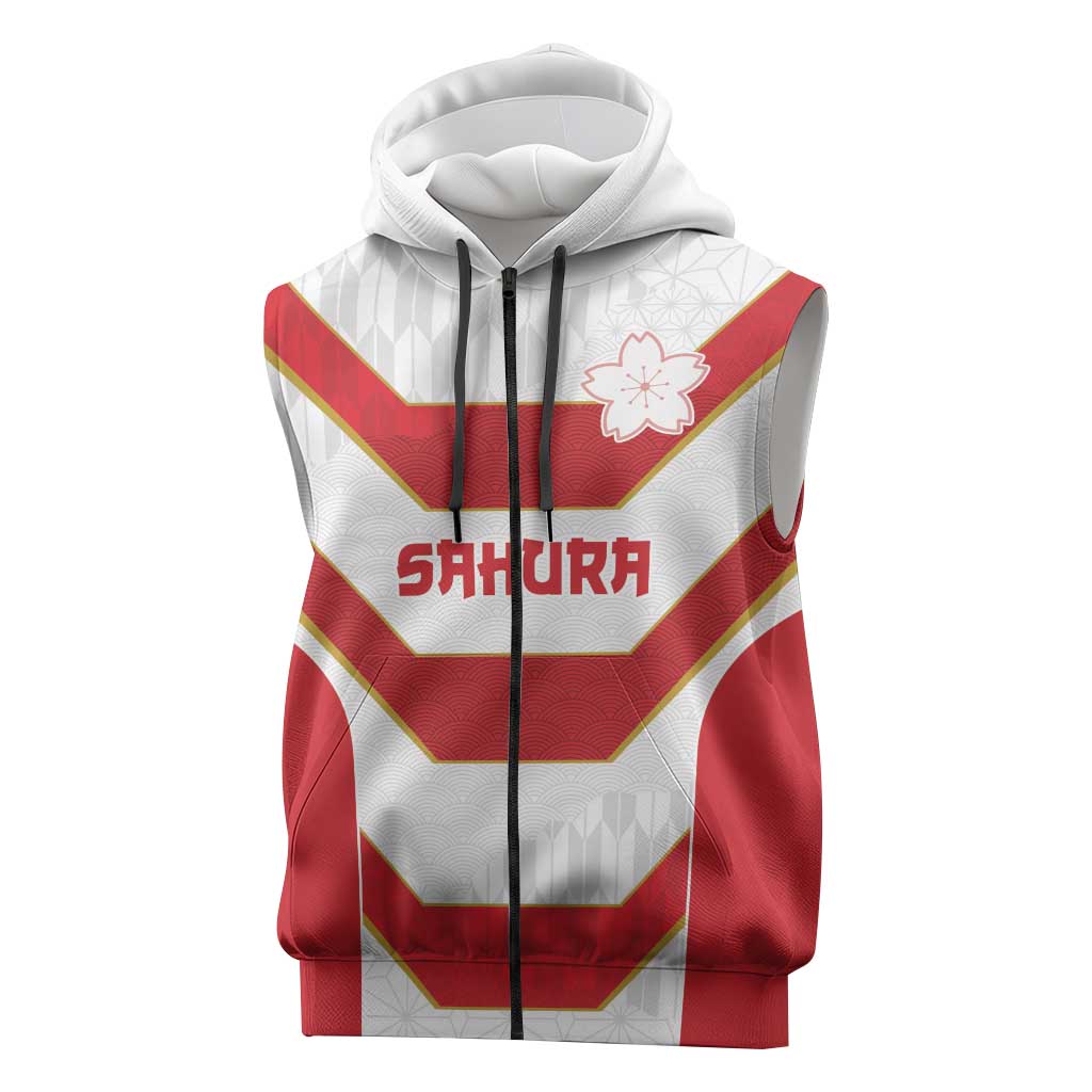 Japan Pacific Rugby 2022-23 Custom Sleeveless Zip Hoodie Red Sakura Japanese Wave Pattern - Polynesian Pride