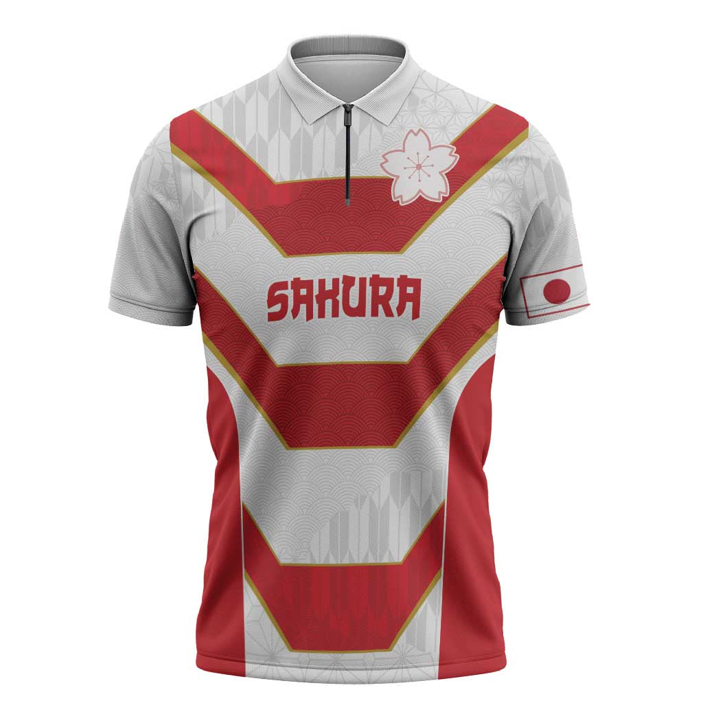 Japan Pacific Rugby 2022-23 Custom Zipper Polo Shirt Red Sakura Japanese Wave Pattern - Polynesian Pride